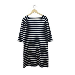 LL Bean Medium Dress Nautical Stripes Navy White Cotton 3/4 Sleeve Womens